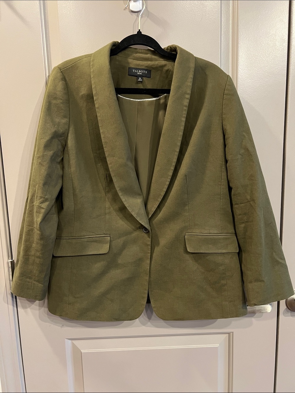Talbots Olive Green Shawl Collar Blazer Linen Cotton Petite - Picture 3 of 11